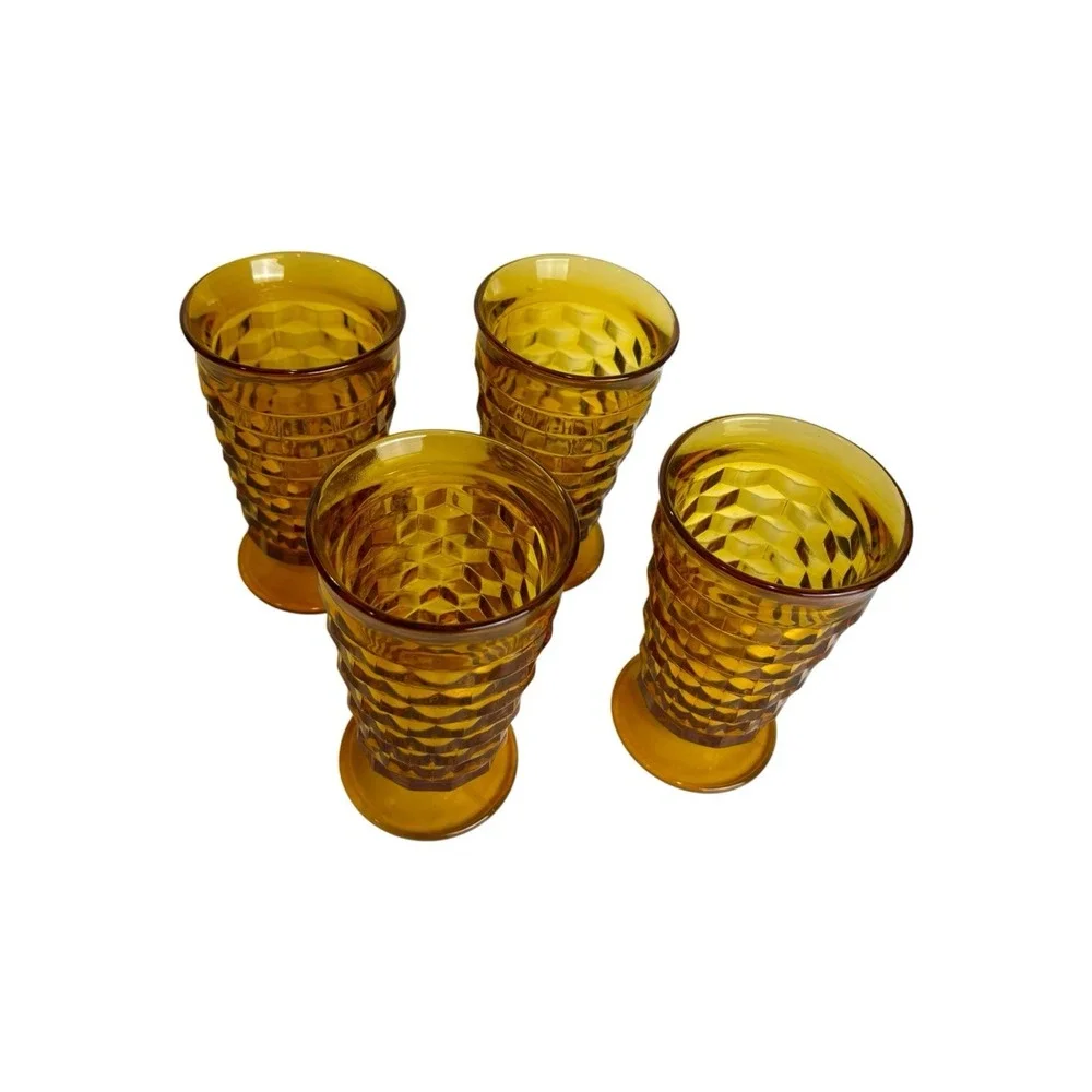 Vtg MCM Indiana Glass 1960s Whitehall Cubist Amber Ice Tea Goblets 6